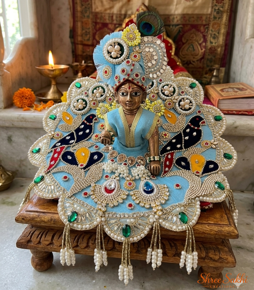 Sky Blue Peacock Pearl Laddu Gopal Poshak