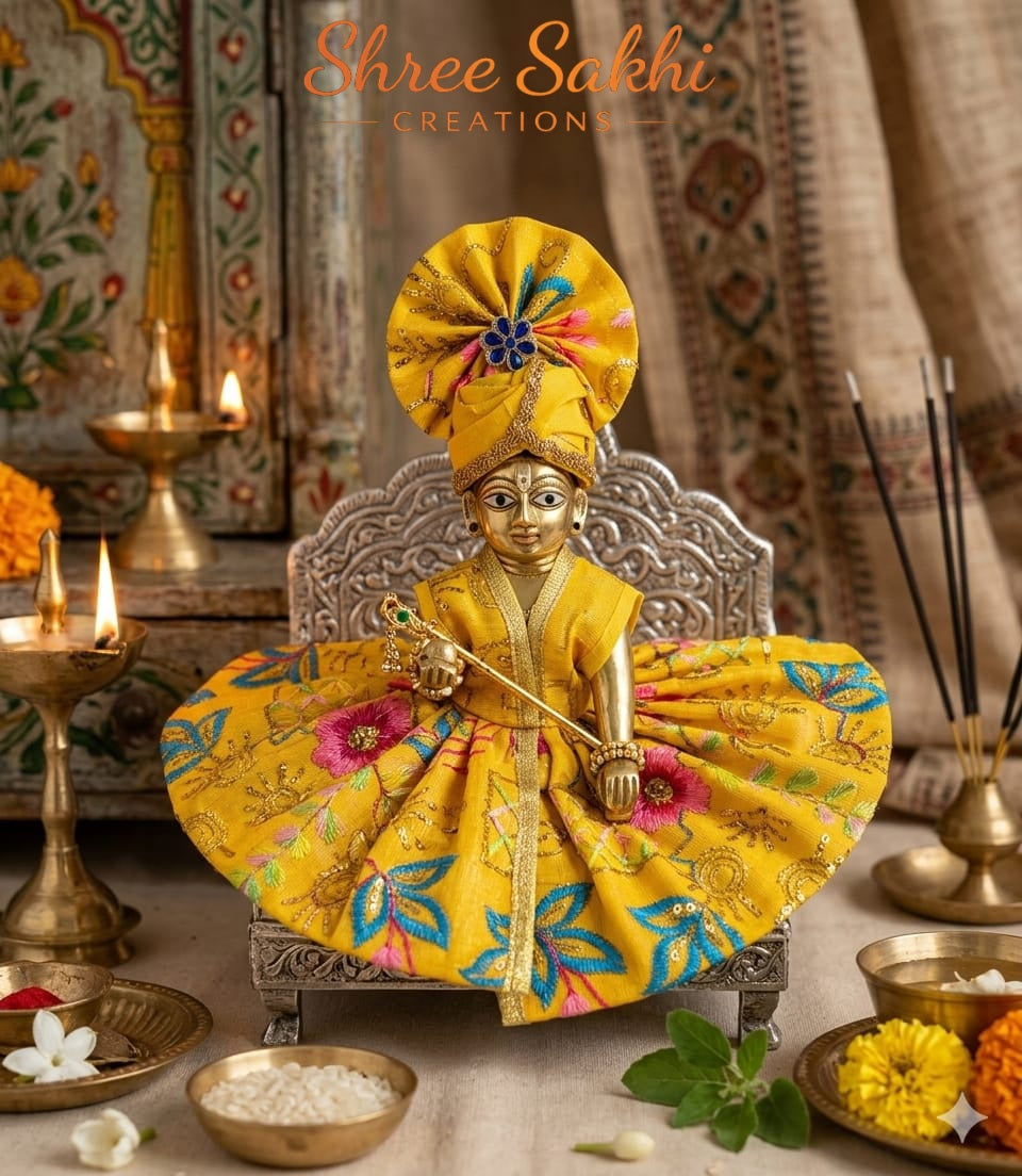 Mustard Floral Print Laddu Gopal Poshak with pagdi