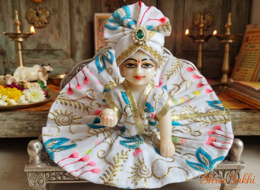 White Floral Embroidered Laddu Gopal Poshak with pagdi