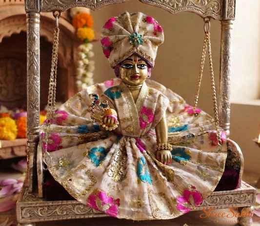 Ivory Floral Embroidered Laddu Gopal Poshak with pagdi