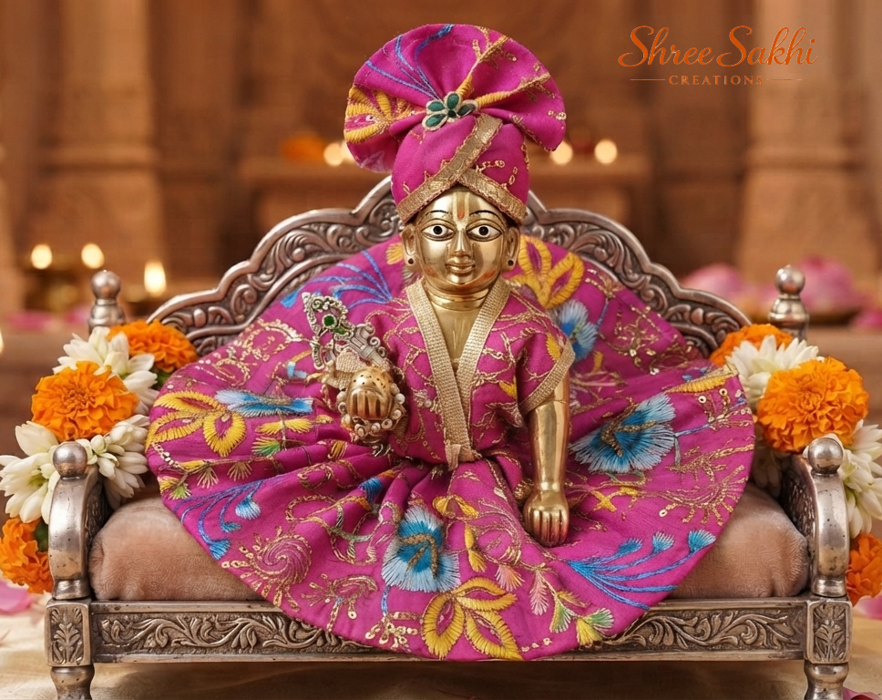 Magenta Floral Embroidered Laddu Gopal Poshak with pagdi