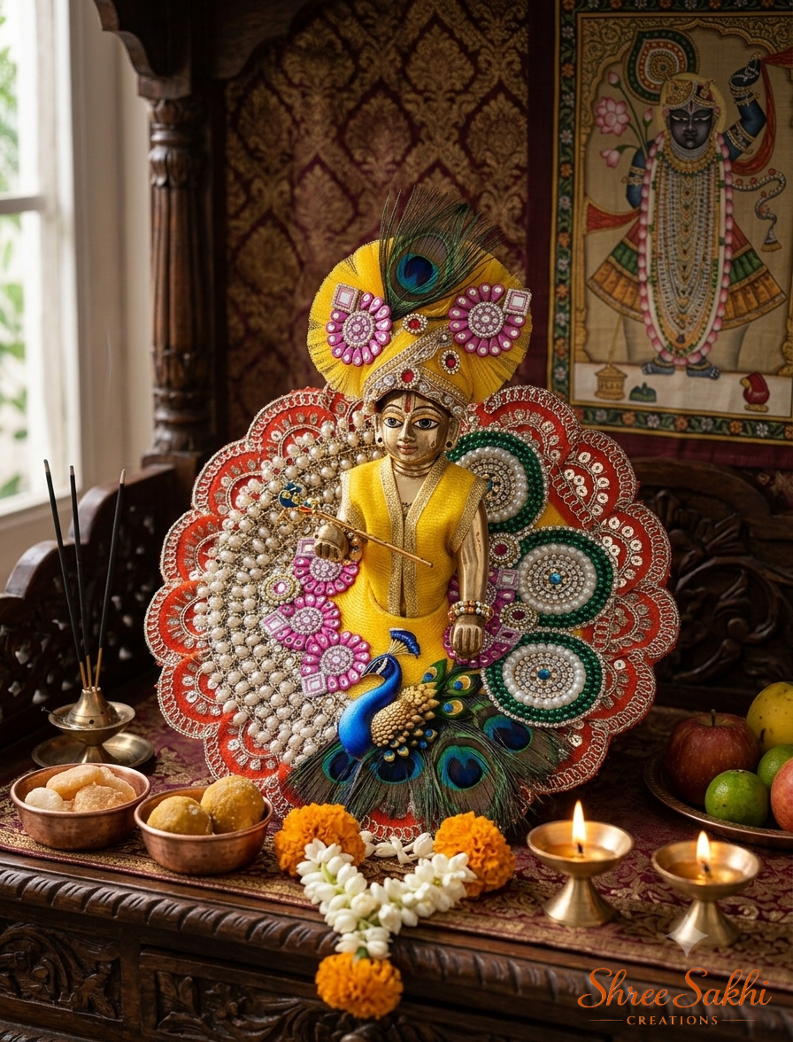 Yellow Mayur Pearl Royale Laddu Gopal Poshak