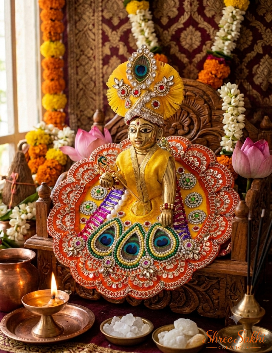 Mustard Orange Peacock Feather Royal Laddu Gopal Poshak