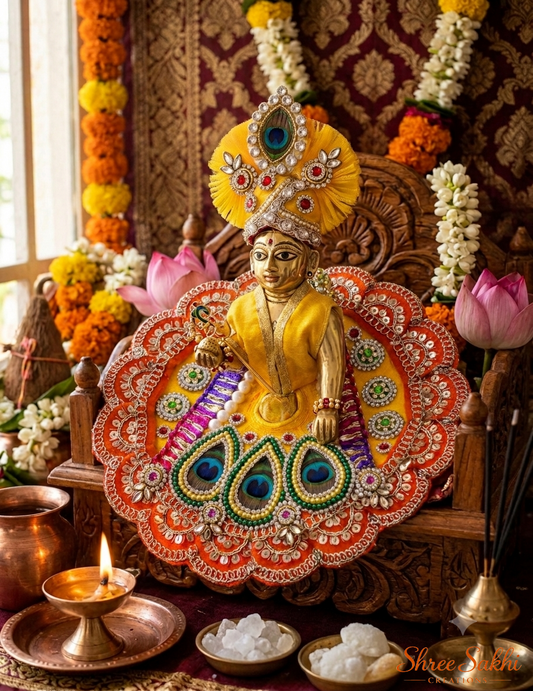 Mustard Orange Peacock Feather Royal Laddu Gopal Poshak