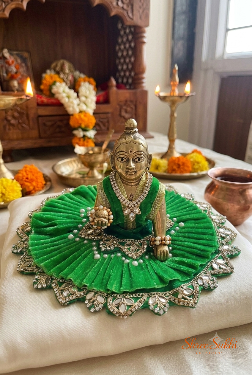 Emerald Green Royal Frill Laddu Gopal Poshak