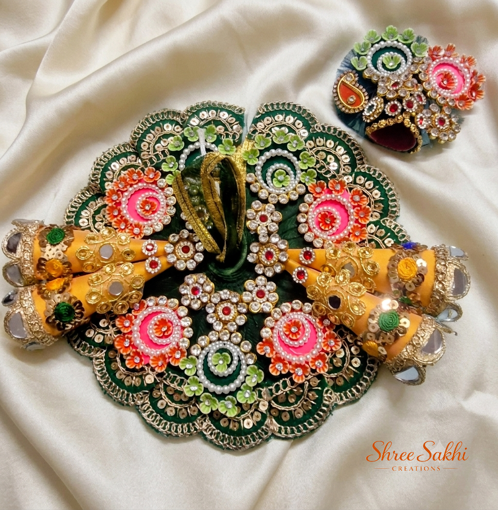 Emerald Green Floral Mirror Designer Laddu Gopal Poshak