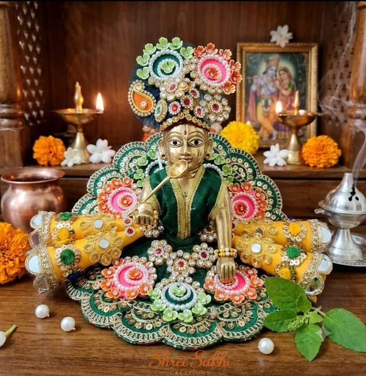 Emerald Green Floral Mirror Designer Laddu Gopal Poshak