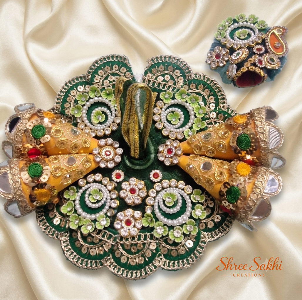 Emerald Green Golden Cone Family Set Laddu Gopal Poshak