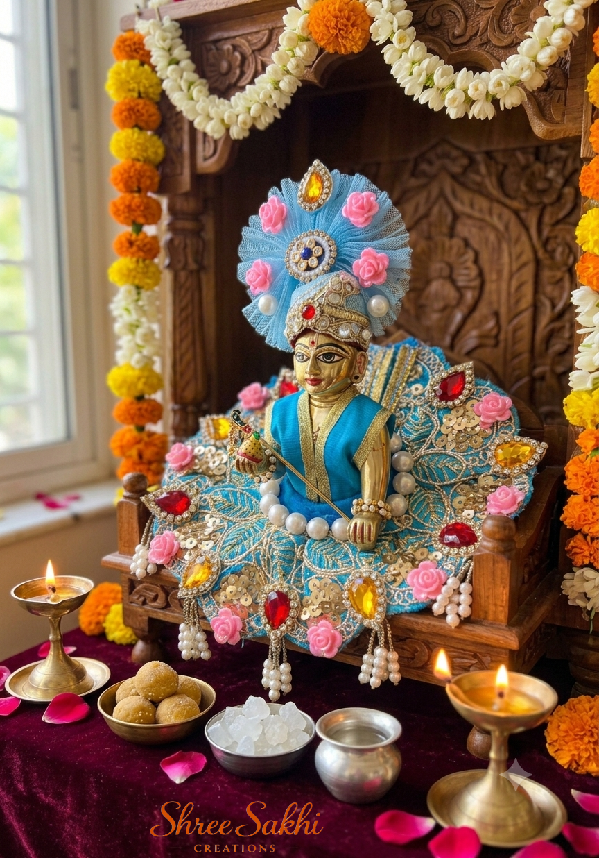 Sky Blue Rose Pearl Royale Laddu Gopal Poshak