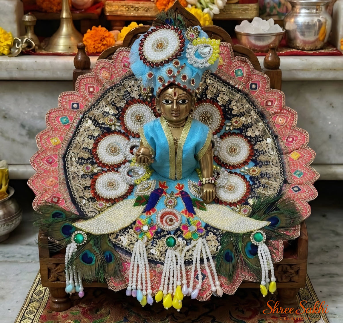 Sky Blue Peacock Feather Laddu Gopal Poshak