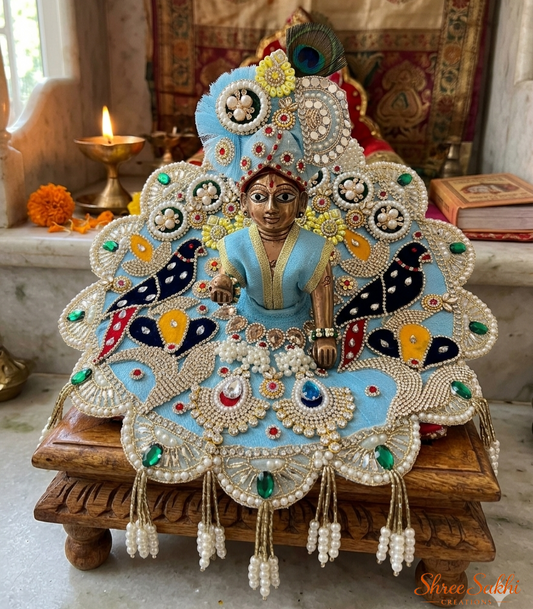 Sky Blue Peacock Pearl Laddu Gopal Poshak
