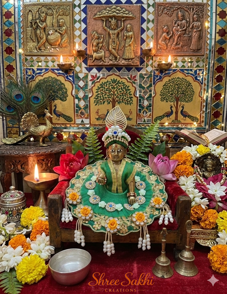 Green Floral Pearl Laddu Gopal Poshak