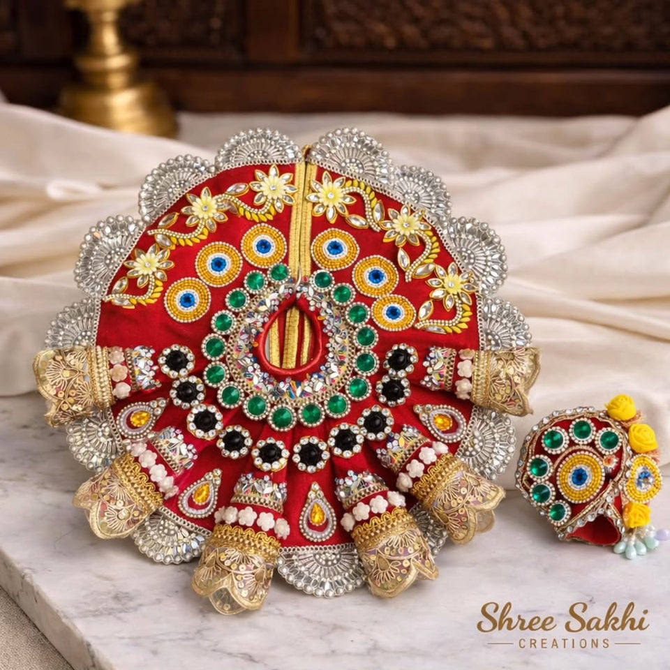 Red Circular Stone Work Laddu Gopal Poshak