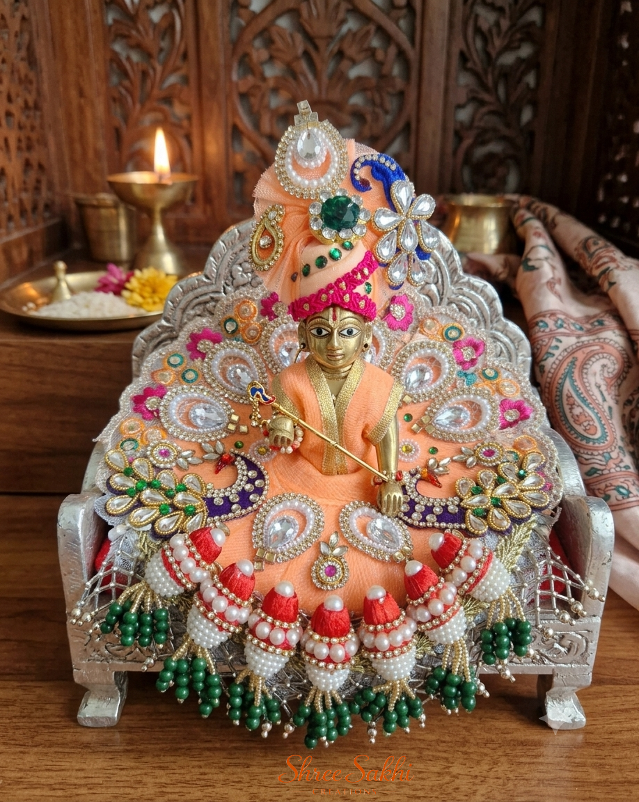 Peach Purple Twin Peacock Kundan Pearl Laddu Gopal Poshak
