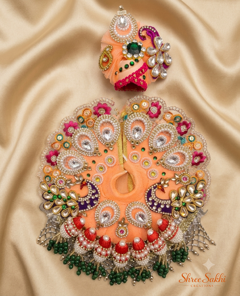 Peach Purple Twin Peacock Kundan Pearl Laddu Gopal Poshak